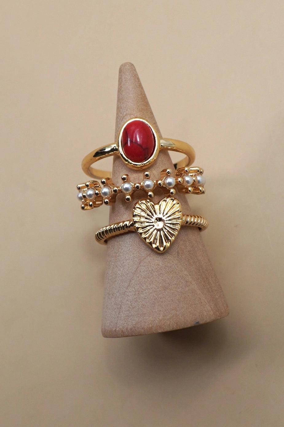 Heart Stone Pearl- 3 ring set