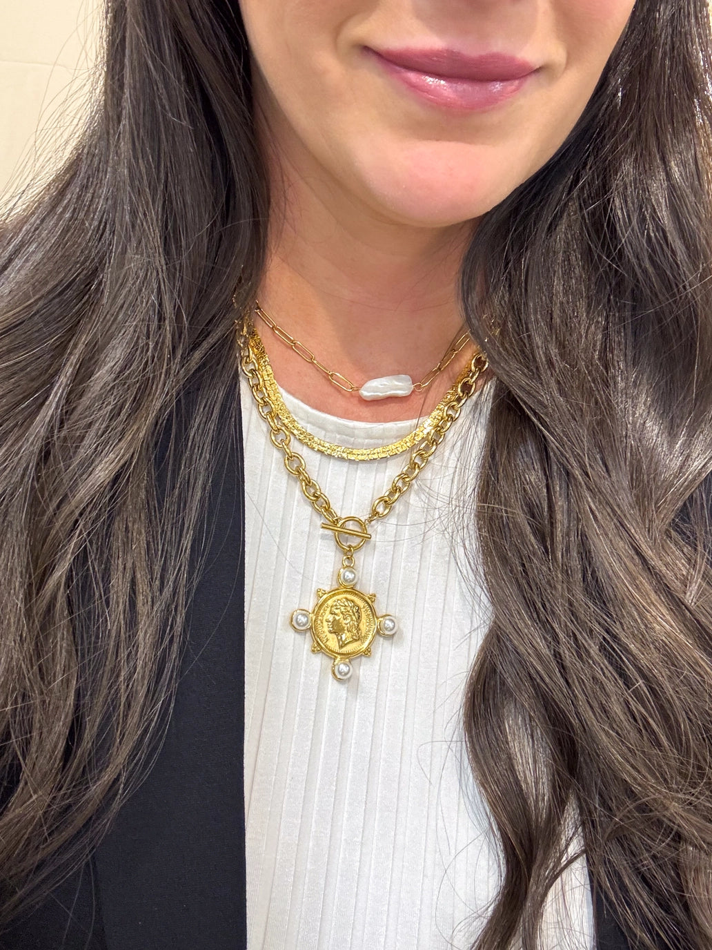 France Pearl Coin Toggle Necklace- Waterproof