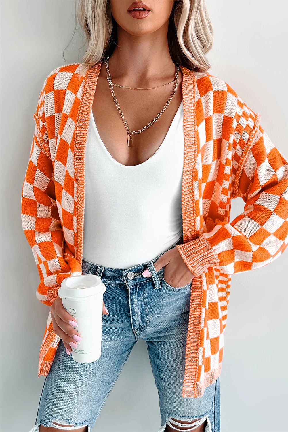 Checkered Open Front Cardigan