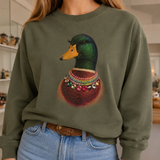 Jeweled Collar Mallard Duck on Military Green Sweatshirt