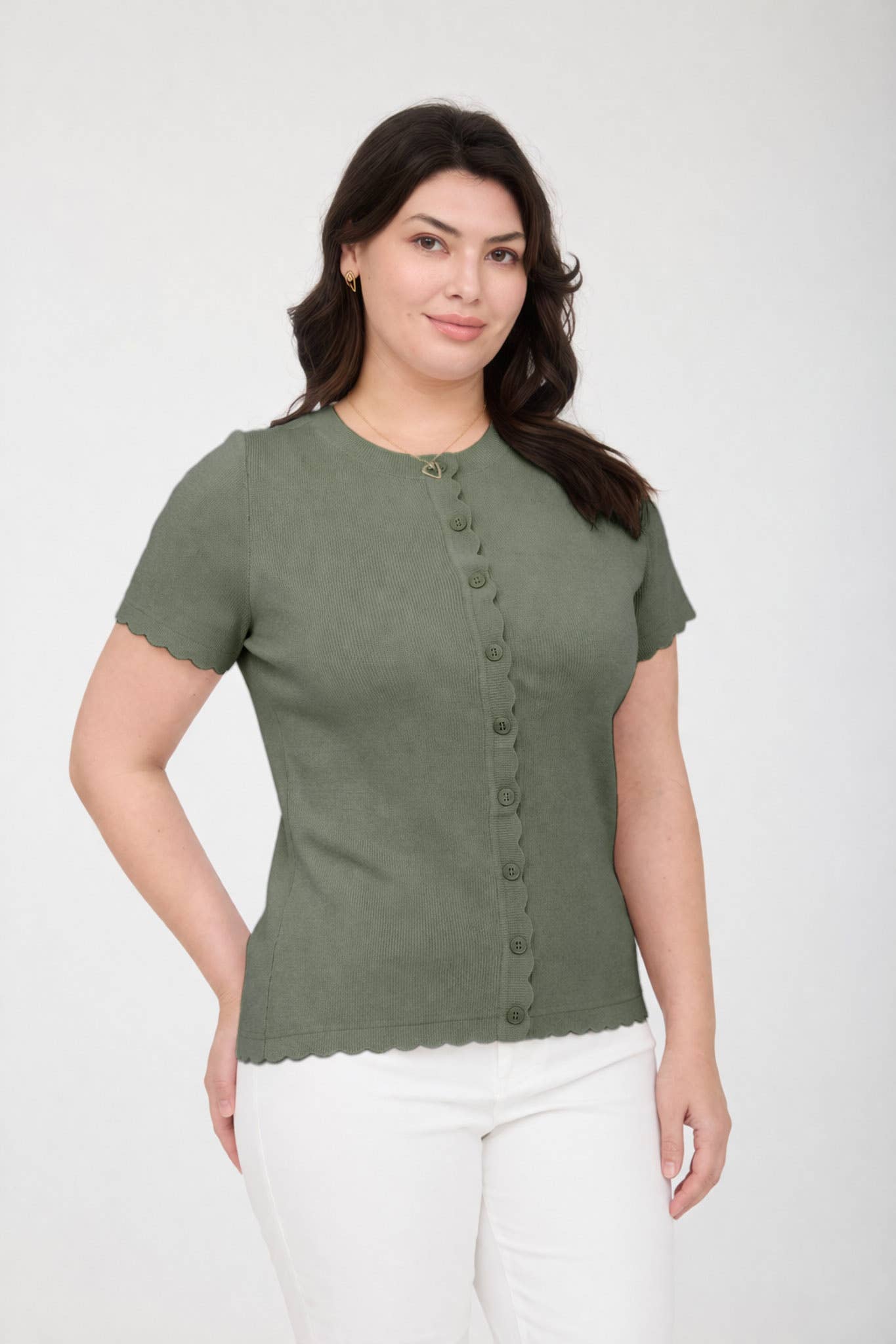 PLUS SCALLOPED SHORT SLEEVE BUTTON DOWN CARDIGAN