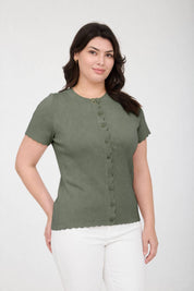 PLUS SCALLOPED SHORT SLEEVE BUTTON DOWN CARDIGAN