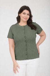 PLUS SCALLOPED SHORT SLEEVE BUTTON DOWN CARDIGAN