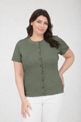 PLUS SCALLOPED SHORT SLEEVE BUTTON DOWN CARDIGAN