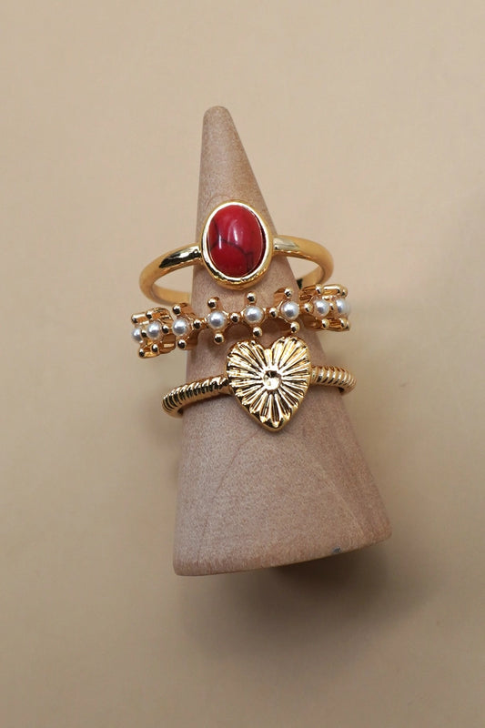 Heart Stone Pearl- 3 ring set