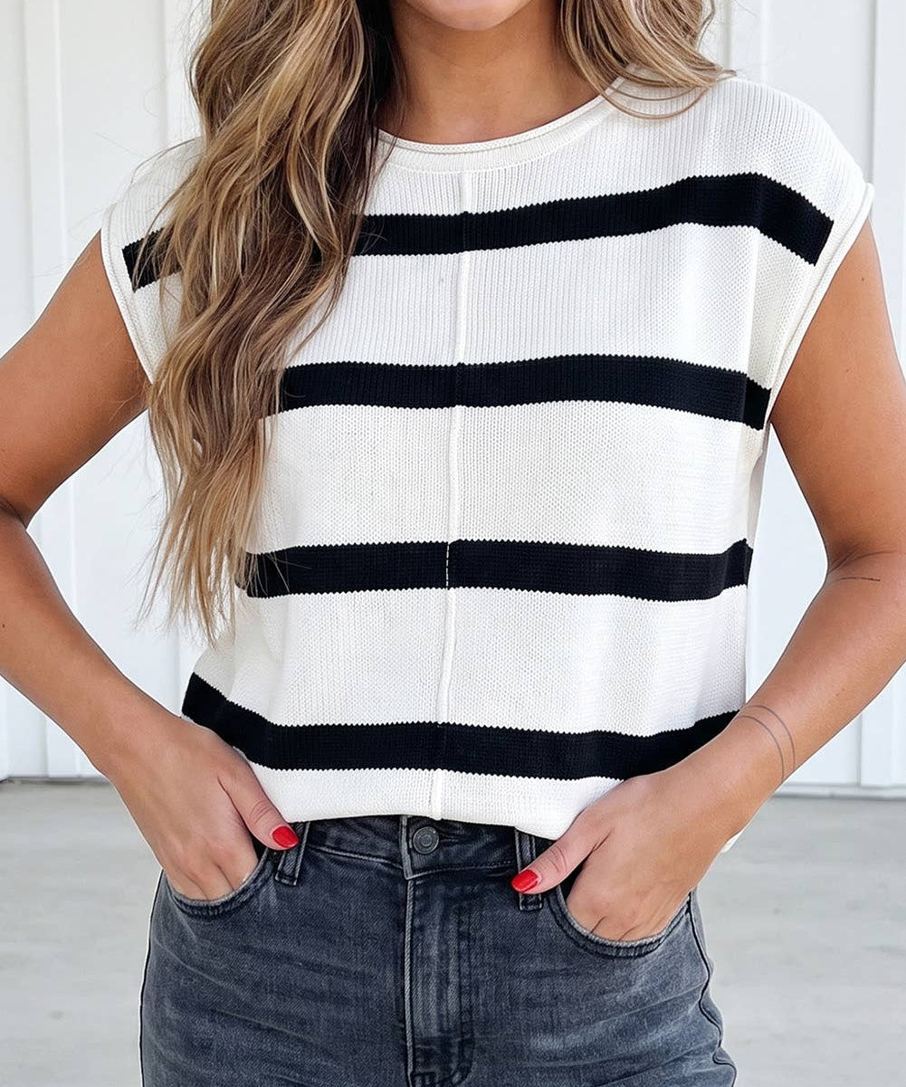 Striped Cap Sleeve Knit Sweater
