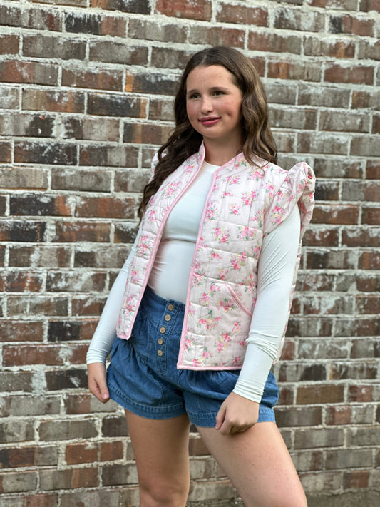 Floral Ruffle Sleeve Puff Vest