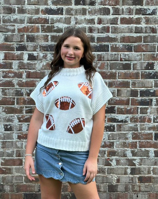 Sequin Football Patch Rib Banded Sweater