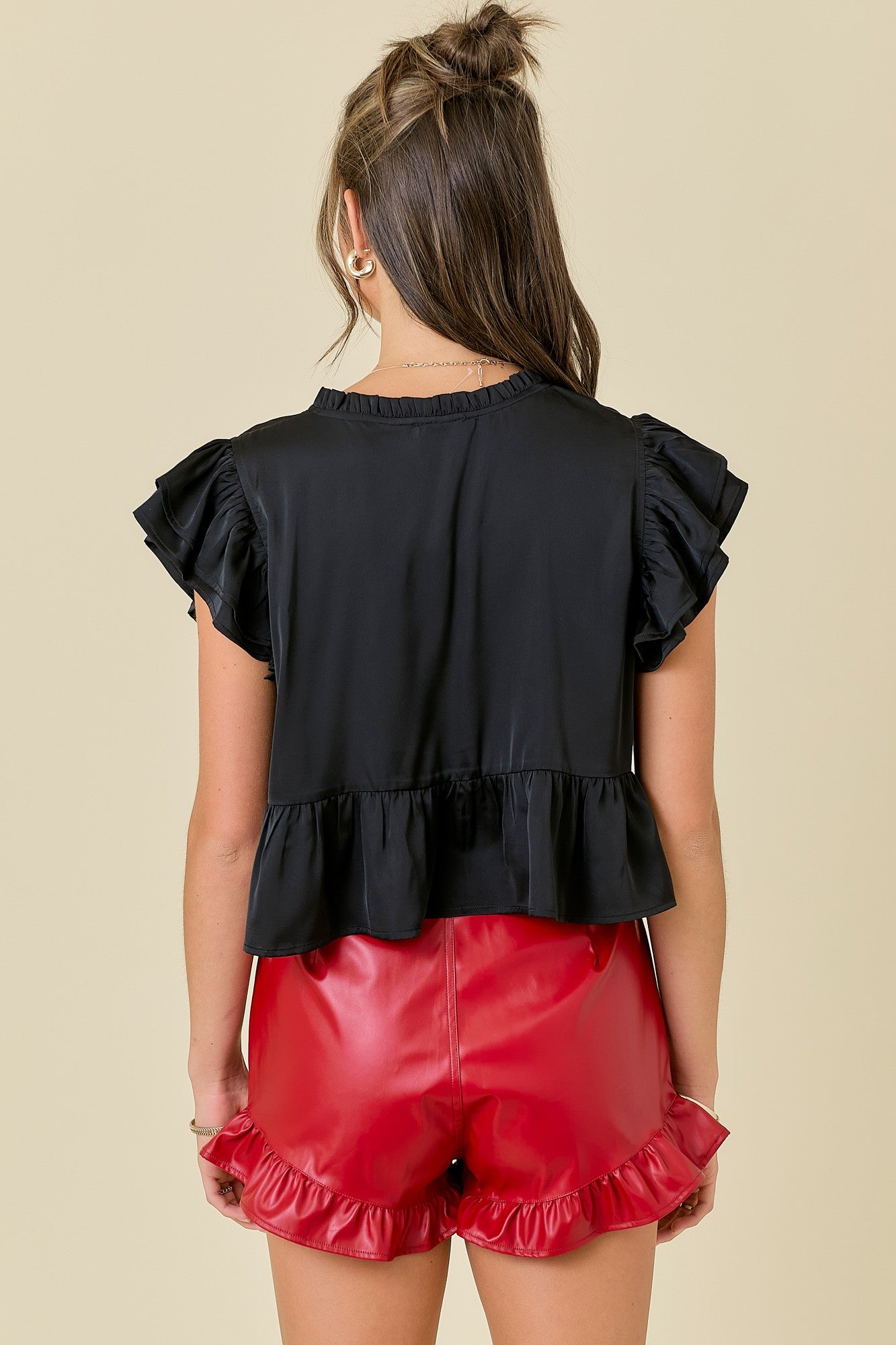 Satin Ruffle Sleeve Blouse