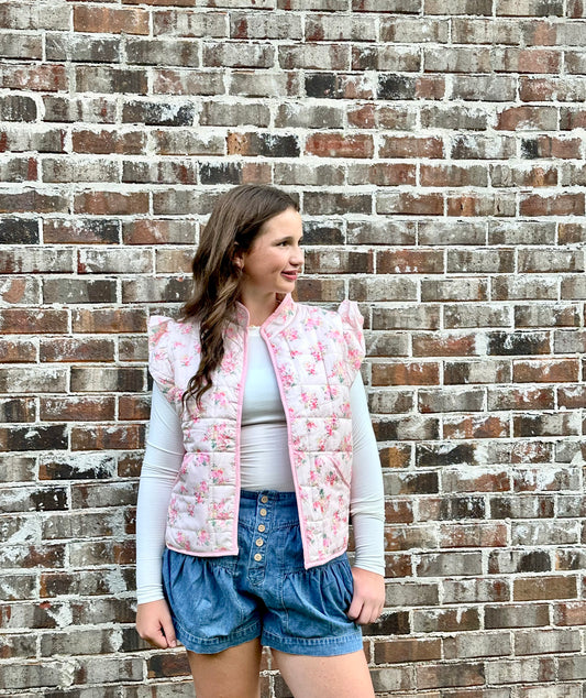 Floral Ruffle Sleeve Puff Vest