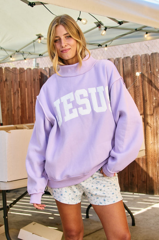 'JESUS' Embroidered Mock Neck  Sweatshirt