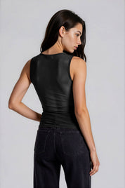 MESH BOAT NECK RUCHED FRONT SLEEVELESS KNIT TOP