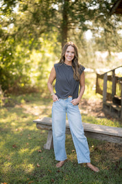 Sleeveless Round Neck Top With Shoulder Pads
