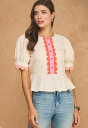 Scalloped Puff Sleeve Peplum Top