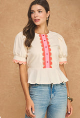 Scalloped Puff Sleeve Peplum Top
