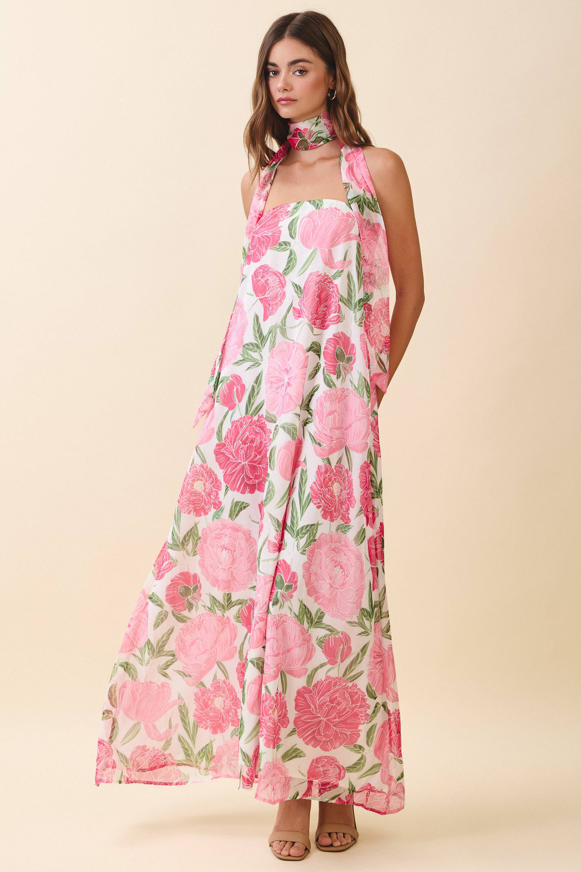 Strapless Floral Maxi Dress with Convertible Scarf