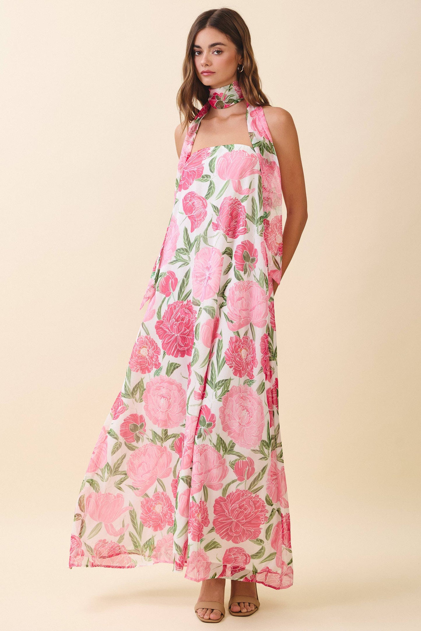 Strapless Floral Maxi Dress with Convertible Scarf