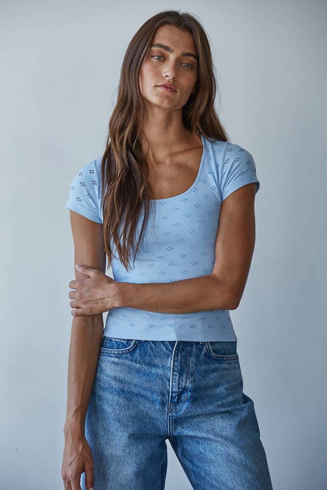 Seamless Eyelet Round Neck Short Sleeve Top