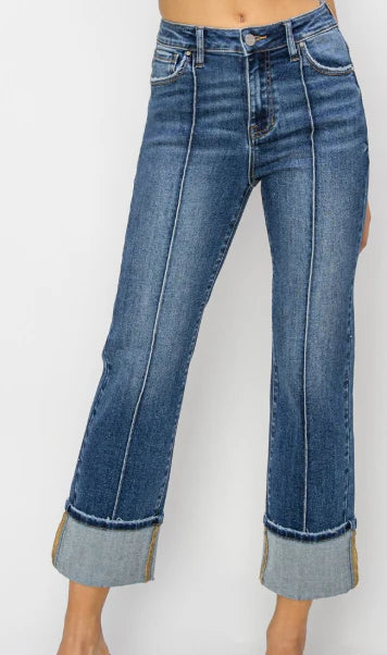 Risen High Rise Ankle Straight Wide-Cuffed Jeans