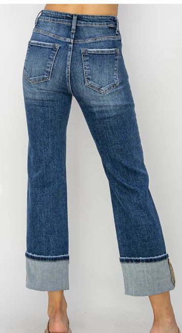 Risen High Rise Ankle Straight Wide-Cuffed Jeans