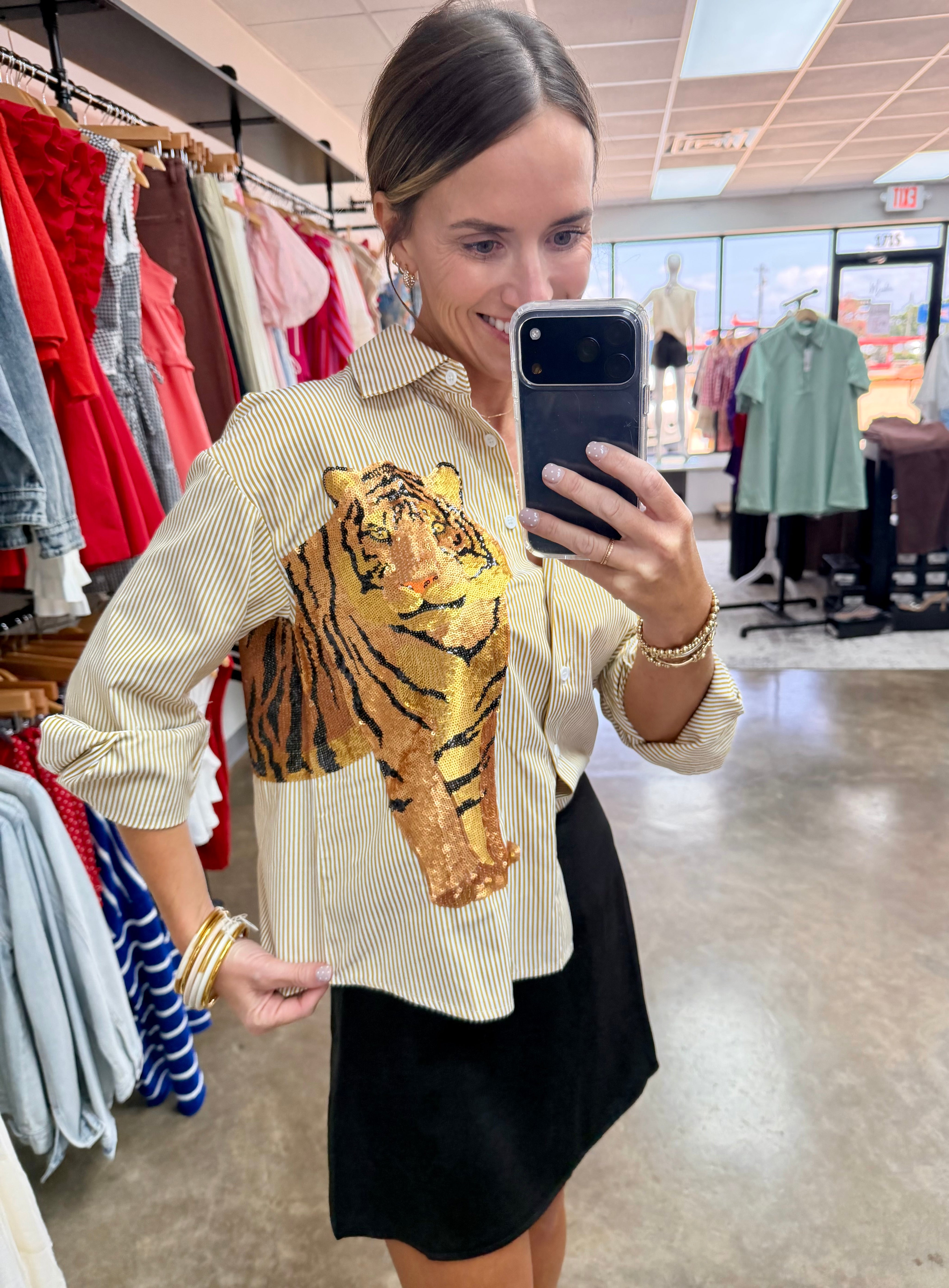 Gold Striped Button Down Sequin Tiger Shirt