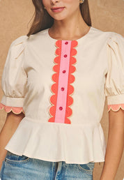 Scalloped Puff Sleeve Peplum Top
