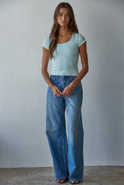 Seamless Eyelet Round Neck Short Sleeve Top