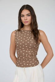 POLKA DOT BOAT NECK SLEEVELESS MESH TOP