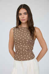POLKA DOT BOAT NECK SLEEVELESS MESH TOP