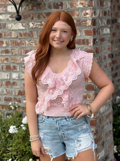 Ruffle Knit V Neck Lace Top