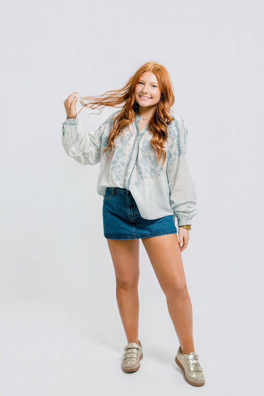 Embroidered Denim Top