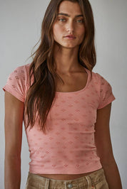 Seamless Eyelet Round Neck Short Sleeve Top