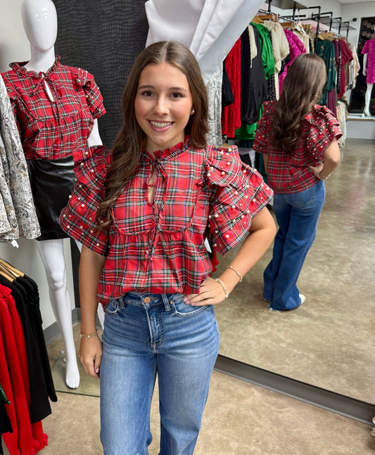 Plaid Jeweled Sleeve Top