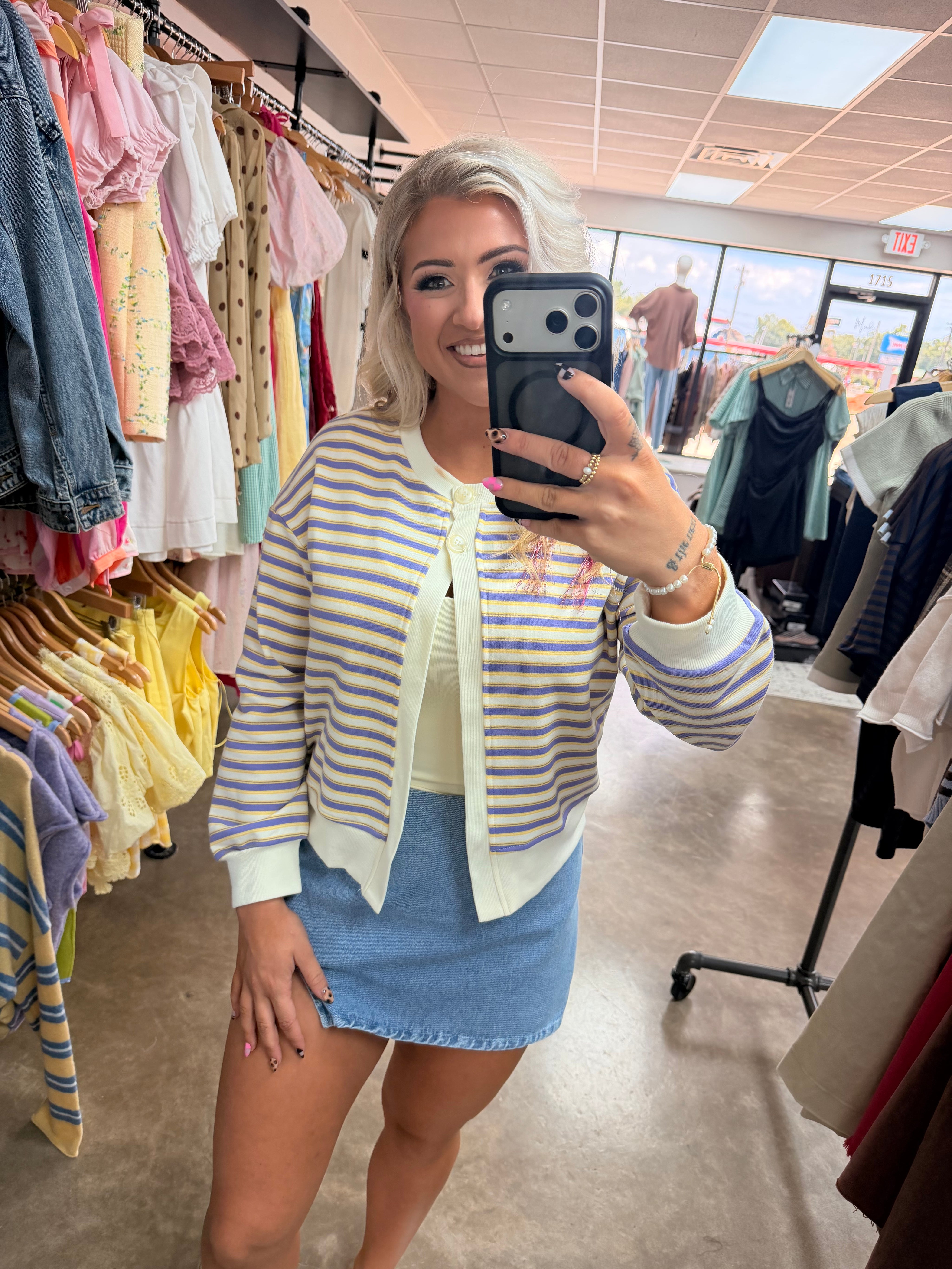 Button Down Rib-Trimmed Striped Cardigan
