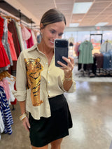 Gold Striped Button Down Sequin Tiger Shirt