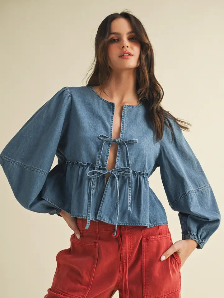 Blue Tie Front Top