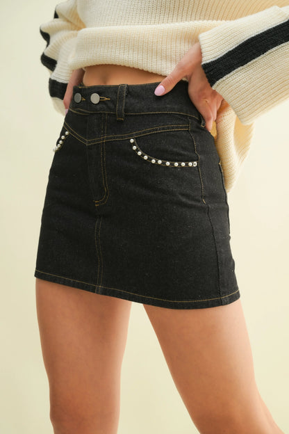 Pearl Detail Black Denim Mini Skirt