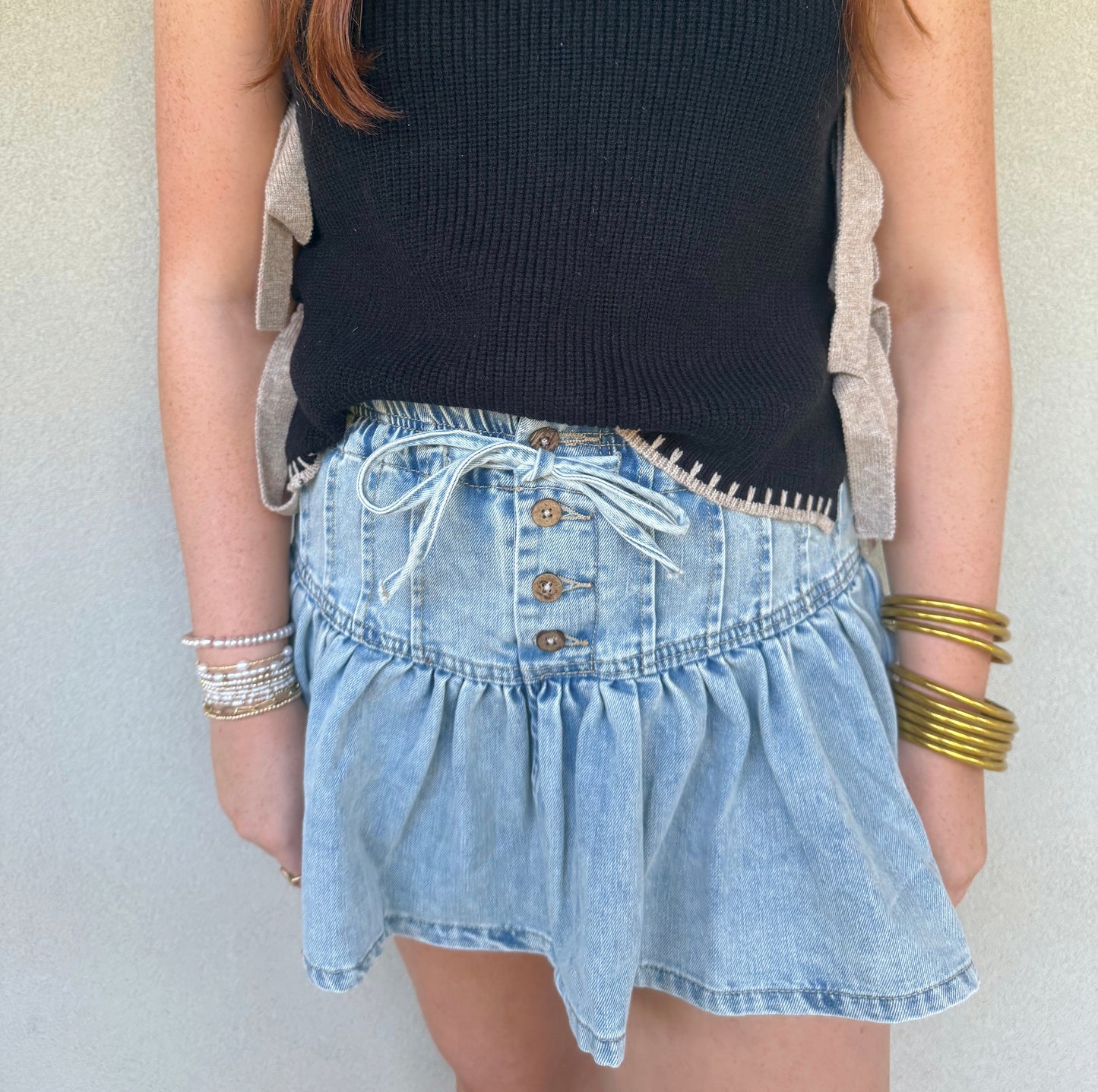 Drawstring Tie Front Ruffle Mini Skirt