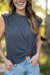 Sleeveless Round Neck Top With Shoulder Pads