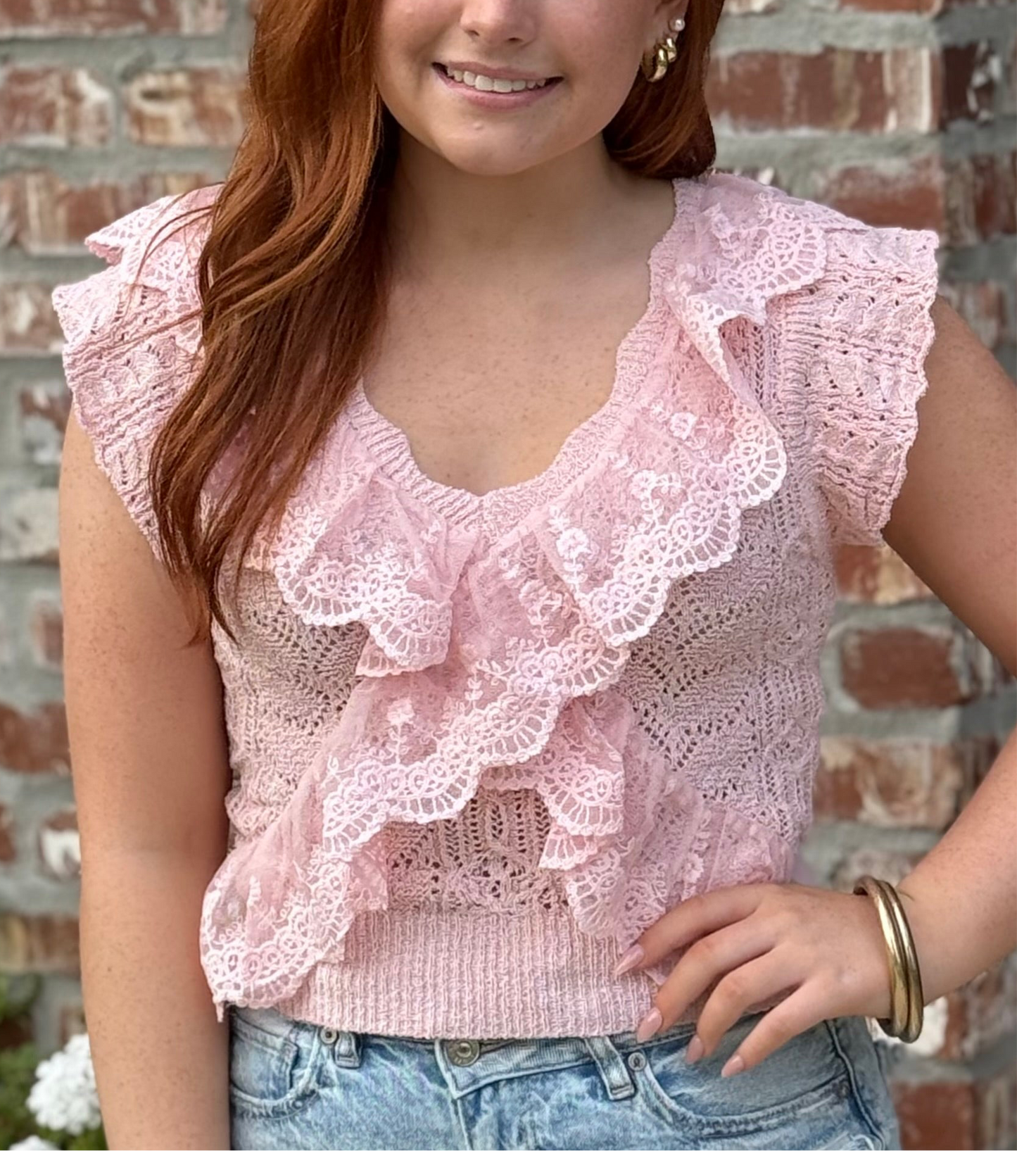 Ruffle Knit V Neck Lace Top