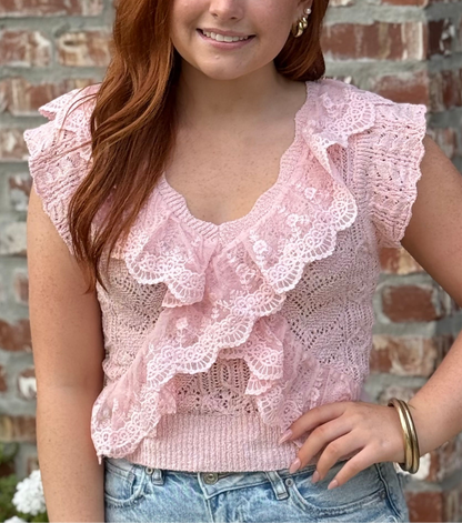 Ruffle Knit V Neck Lace Top