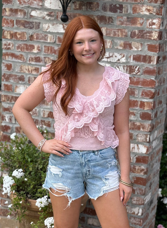 Ruffle Knit V Neck Lace Top