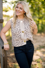 Sleevelss Animal Pattern Button Down Sweater Vest