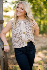 Sleevelss Animal Pattern Button Down Sweater Vest