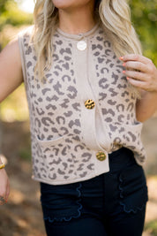 Sleevelss Animal Pattern Button Down Sweater Vest