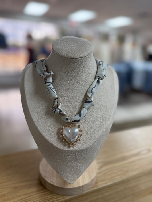 Handmade Scarf Necklace- Pearl Heart