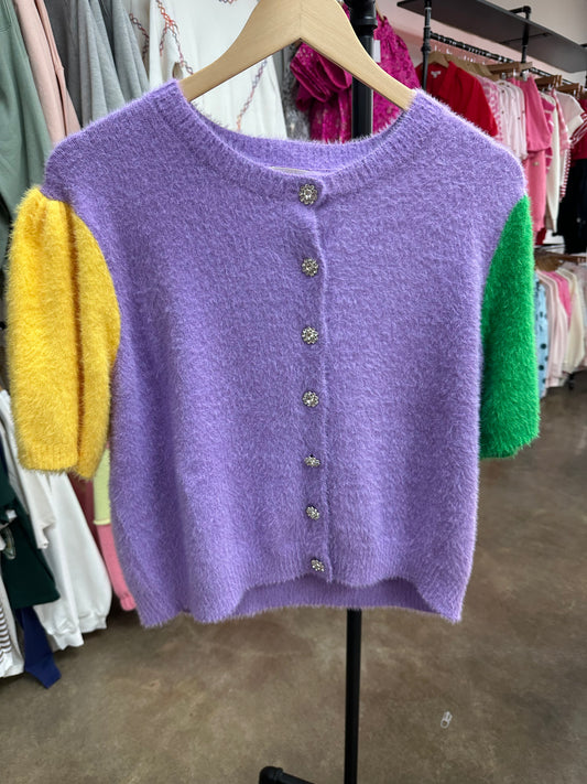 Luxe Mardi Gras Cardigan with Rhinestone Flower Buttons