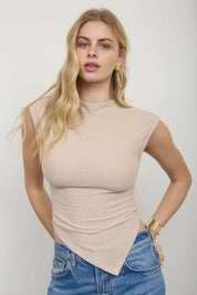 ASYMMETRICAL HEM MOCK NECK SLEEVELESS TOP