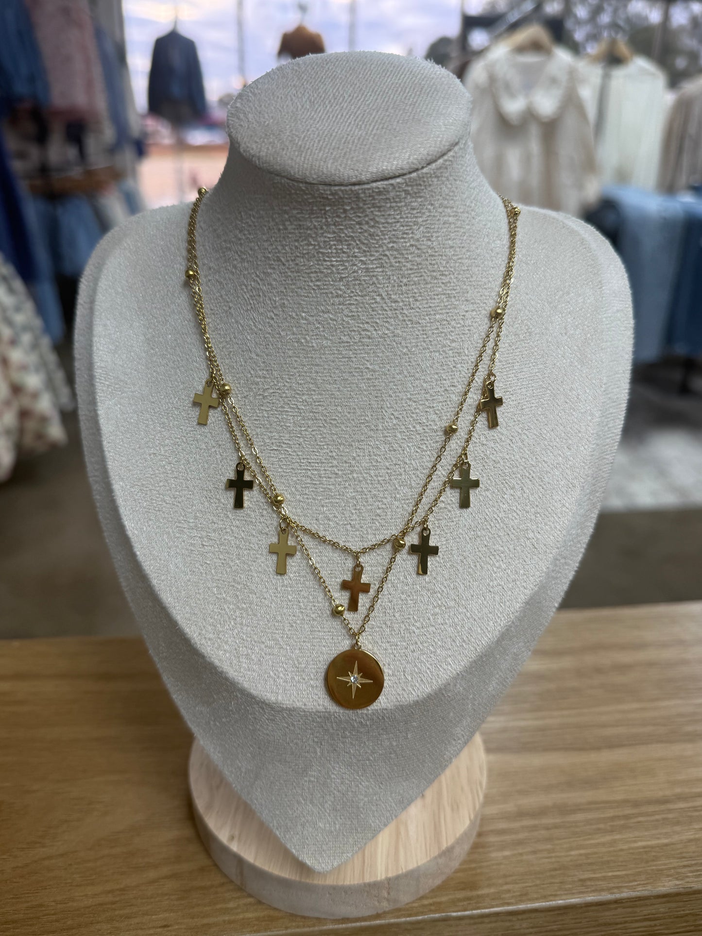 18K Dipped Double Cross/Pendant Necklace