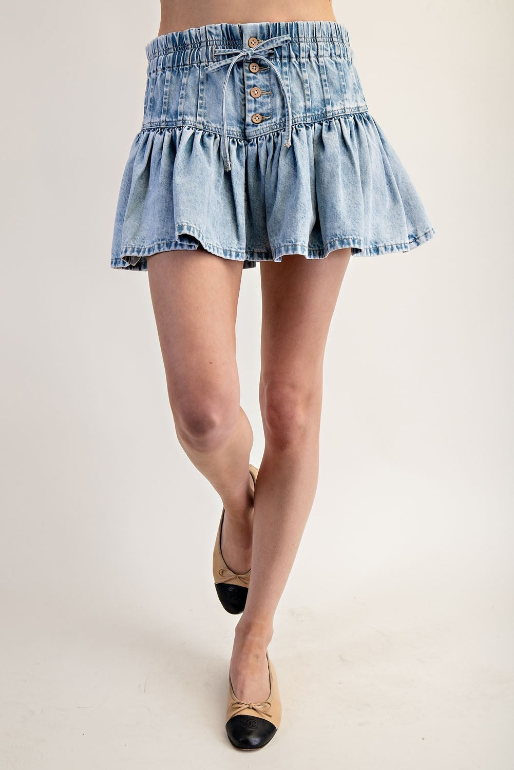 Drawstring Tie Front Ruffle Mini Skirt